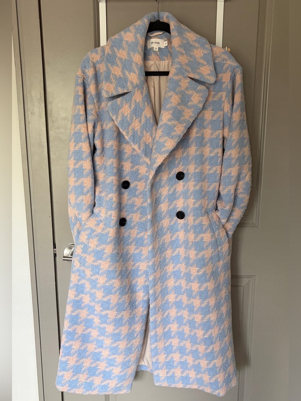 ASOS Pastel Blue and Tan Houndstooth Double-Breasted Pea Coat